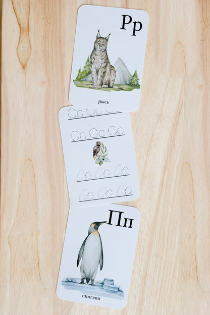 Lynx and penguin cards with a handwriting practice reverse — Russian alphabet cards