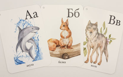 Shark, squirrel and wolf alphabet cards — Russian alphabet cards