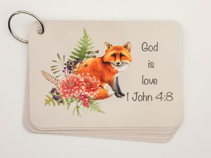 God is love verse card with a fox and flowers — English Bible verse cards