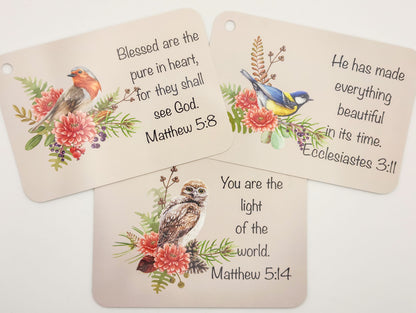 Three English verse cards with birds and flowers — English Bible verse cards