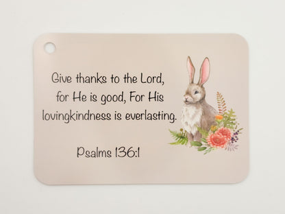 Psalm 136:1 verse card with a rabbit and flowers — English Bible verse cards