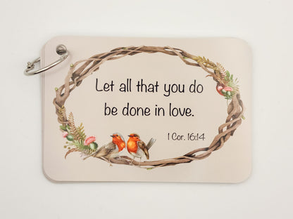 1 Corinthians 16:14 verse card with a floral wreath — English Bible verse cards
