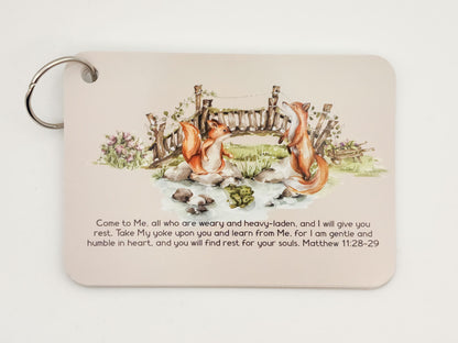 Matthew 11:28–29 verse card with animals by a bridge — English Bible verse cards