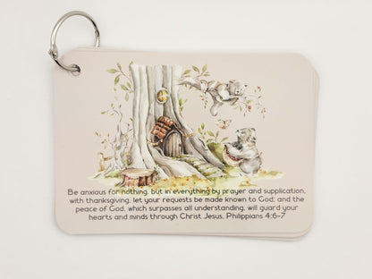 Philippians 4:6–7 verse card with a woodland scene — English Bible verse cards