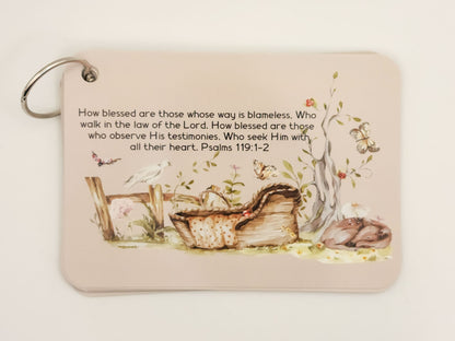 Psalm 119:1–2 verse card with an illustrated tree — English Bible verse cards